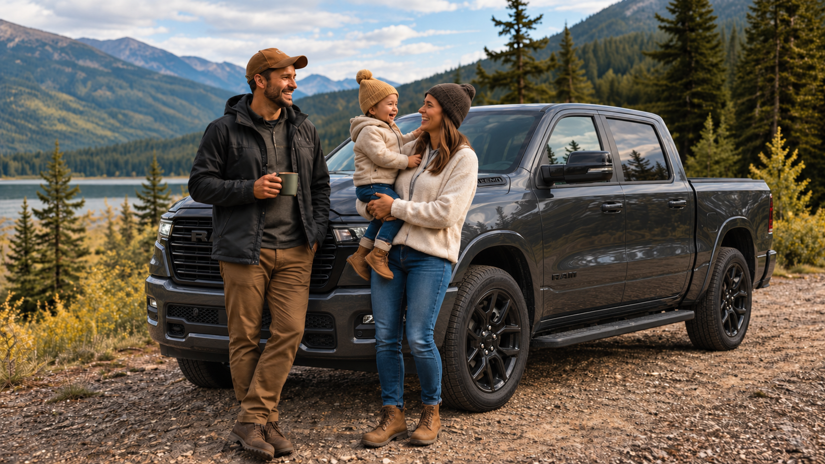 A family with their young child standing beside a pickup truck on a gravel road by a mountain lake