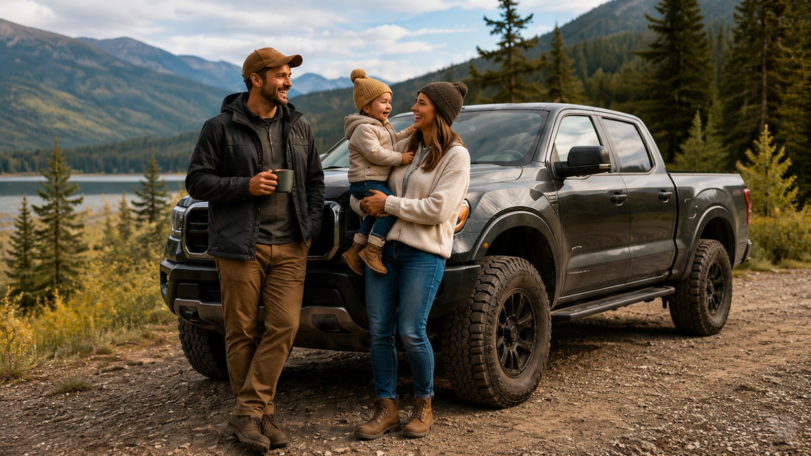 A family with their young child standing beside a pickup truck on a gravel road by a mountain lake