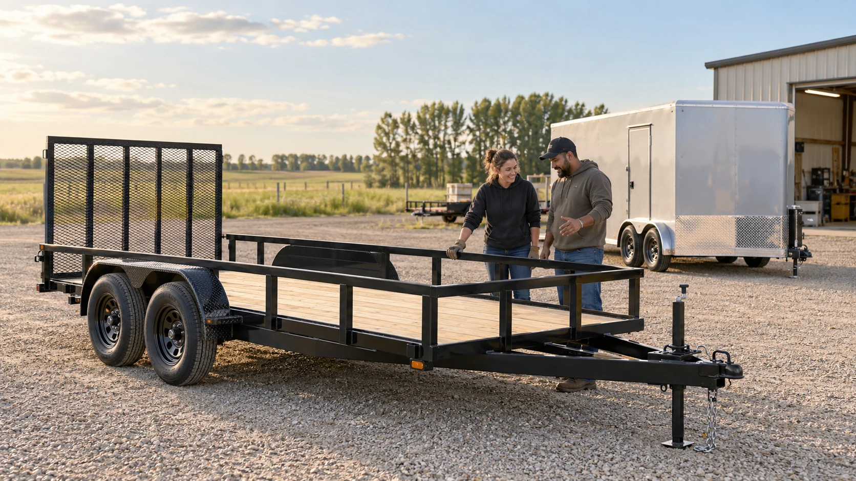 Illustrative scene of two people beside a utility trailer, with an enclosed cargo trailer in an Alberta-style rural yard